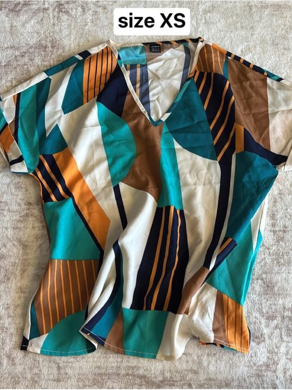 Abstract Geo Print V-Neck Top in Teal & Brown